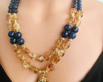 Handmade Citrine & Tiger's Eye Gemstone Necklace: Bold Multistrand Jewelry