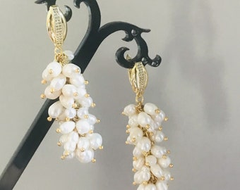 Superbes boucles d'oreilles raisins en perles d'eau douce remplies d'or 14 carats pour femme, boucle d'oreille, bijoux faits main, cadeau pour femme, bijoux pour femme