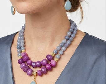 Aquamarine & Purple Agate Necklace and Earrings set– Statement Pendant Jewelry for Women