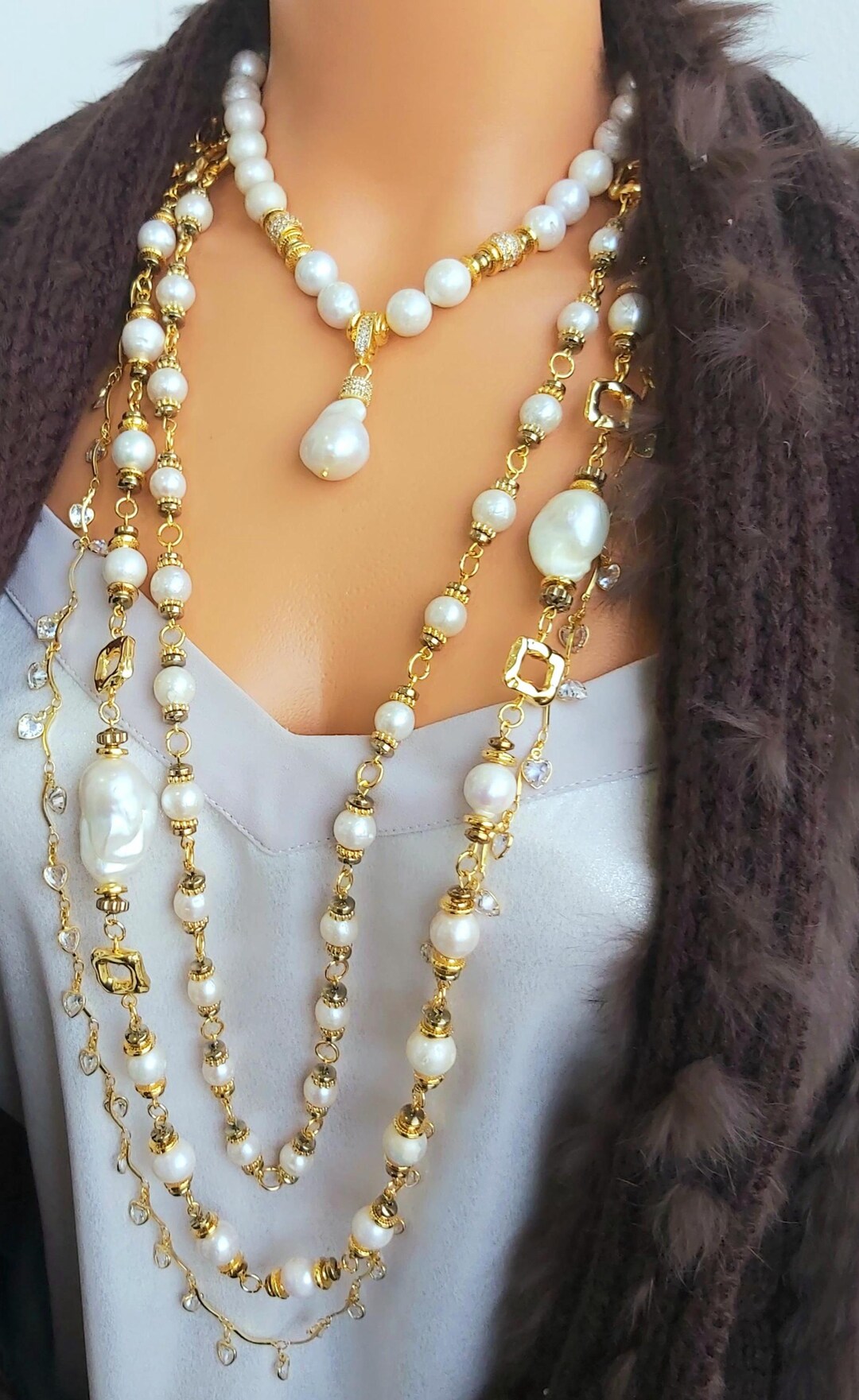 Set Di 3 Collane Multifilo Con Perle Simulate Bianche – Gioiello Elegante Per Donna - 5