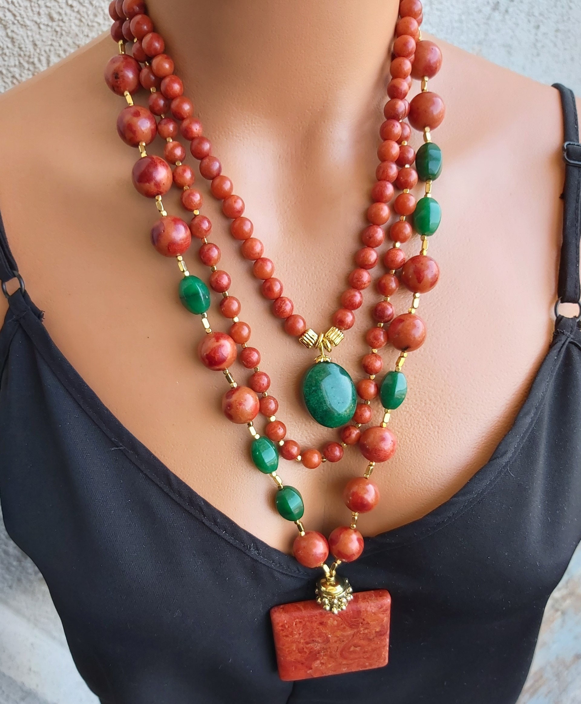 Stunning Bamboo Coral and Agate Gemstone Chunky Modern Multistrand ...
