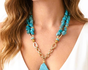 Raw Turquoise Necklace, 24K Gold Plated Chain, Chunky Bold Handmade Jewelry