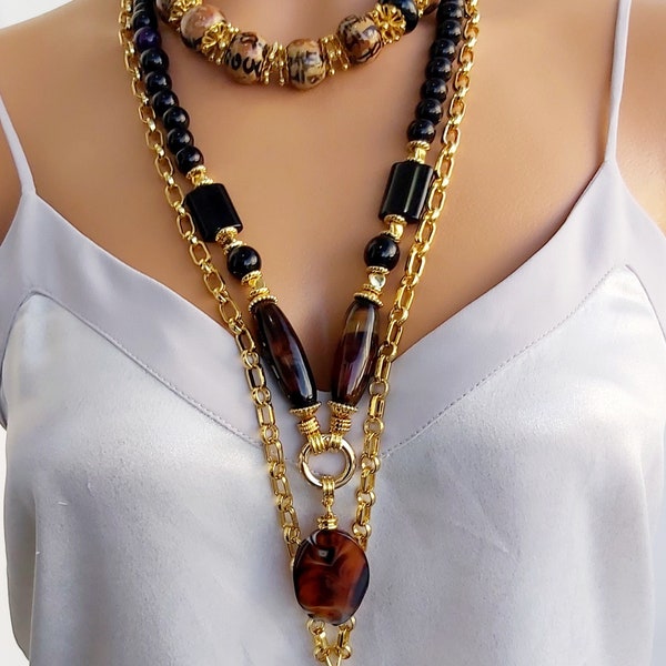 Unique Agate and A+Onyx Long necklace,14 K gold plated chain.Gros collier,bijoux fantaisie de qualité,collier,gemstone jewelry, gift for her