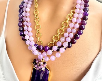 Handmade Amethyst Jade Necklace: Chunky Beaded Statement Jewelry