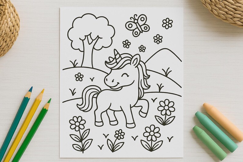 Puede incluir: Un dibujo en blanco y negro de una l&iacute;nea de un unicornio en un campo de flores. El unicornio tiene un cuerno, una melena y una cola. Hay una mariposa sobre el unicornio.