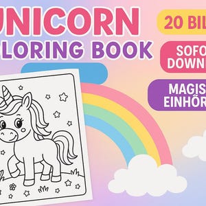 Puede incluir: Una p&aacute;gina para colorear en blanco y negro con un lindo unicornio de dibujos animados con un cuerno, una melena y una cola. El unicornio est&aacute; de pie en un campo de hierba con estrellas y flores. El texto "UNICORN COLORING BOOK" est&aacute; en la parte superior de la p&aacute;gina.