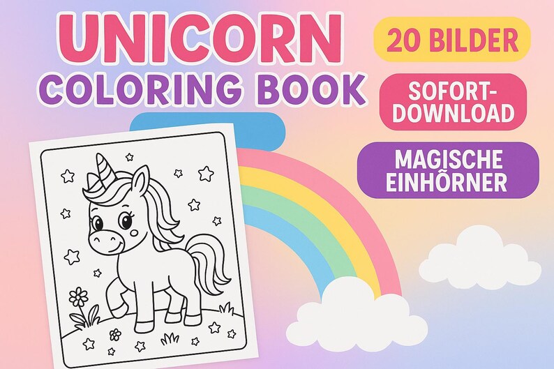 Puede incluir: Una p&aacute;gina para colorear en blanco y negro con un lindo unicornio de dibujos animados con un cuerno, una melena y una cola. El unicornio est&aacute; de pie en un campo de hierba con estrellas y flores. El texto "UNICORN COLORING BOOK" est&aacute; en la parte superior de la p&aacute;gina.