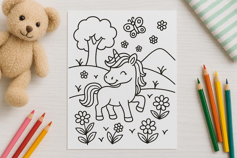 Puede incluir: Una p&aacute;gina para colorear en blanco y negro con un unicornio con un cuerno, una mariposa y flores. El unicornio est&aacute; de pie en una colina cubierta de hierba con un &aacute;rbol en el fondo.