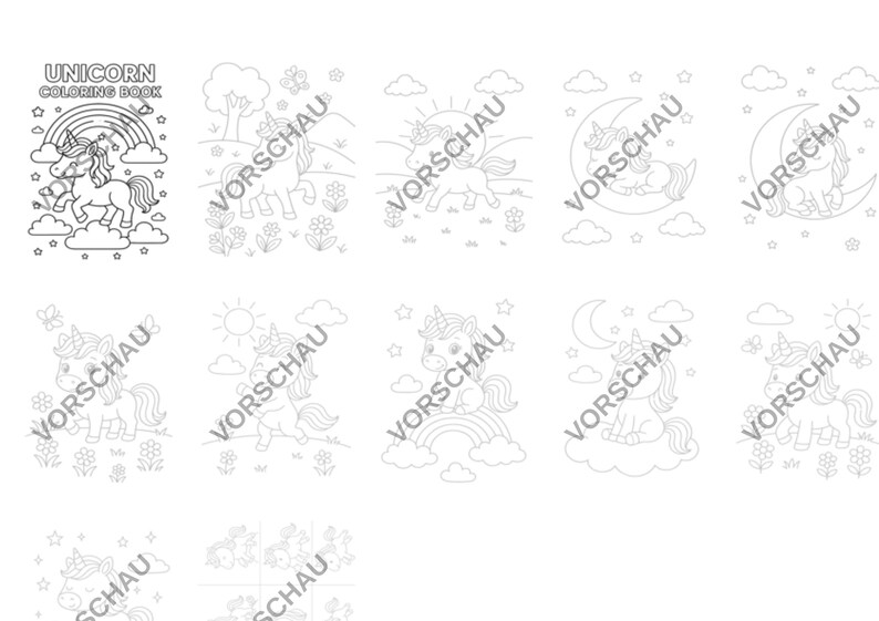 Puede incluir: Un libro para colorear en blanco y negro con un unicornio con un arco&iacute;ris y estrellas. El t&iacute;tulo del libro es "Unicorn Coloring Book".