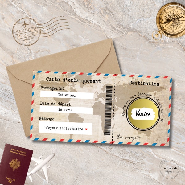 Carte à gratter vintage, voyage, surprise, ticket d'embarquement, personnalisable, surprise, vacances, destination