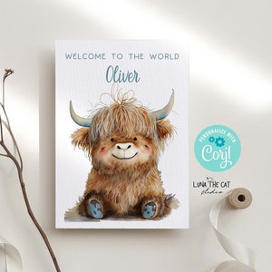 Personalisierte Neugeborene Baby druckbare niedliche Highland Kuh neue Baby-Karten-Vorlage Personalisierte Baby-Karte bearbeitbar sofortiger DIGITALER DOWNLOAD