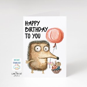 Cartão de aniversário do ouriço para impressão Cartão de feliz aniversário para você Cartão engraçado Download instantâneo digital