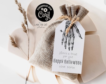 Editable Skeleton Hand Halloween Favor Tags Thank You Trick Or Treat Favor Tag Printable Template Halloween Instant DIGITAL DOWNLOAD Corjl