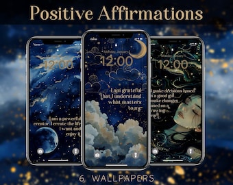 Positive Daily I Am Affirmations Celestial Phone Backgrounds Wallpapers Dark Floral Set of 6 Wallpaper iOS & Android Instant Download
