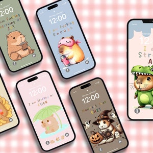 6 Sweary Affirmations Kawaii Capybara Phone Backgrounds Wallpapers BOHO Pastel Set of 6 Wallpaper iOS & Android Instant Download