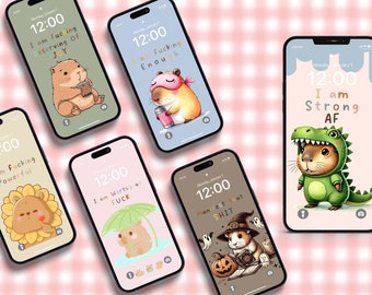 6 Sweary Affirmations Kawaii Capybara Phone Backgrounds Wallpapers BOHO Pastel Set of 6 Wallpaper iOS & Android Instant Download