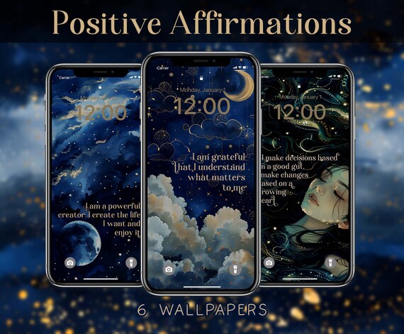 Positive Daily I Am Affirmations Celestial Phone Backgrounds Wallpapers Dark Floral Set of 6 Wallpaper iOS & Android Instant Download