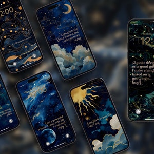May include: Several smartphones showcasing celestial-themed wallpapers. Each screen displays a midnight blue and gold design with inspirational quotes and the time 12:00. The wallpapers feature moons, stars, clouds, and suns.