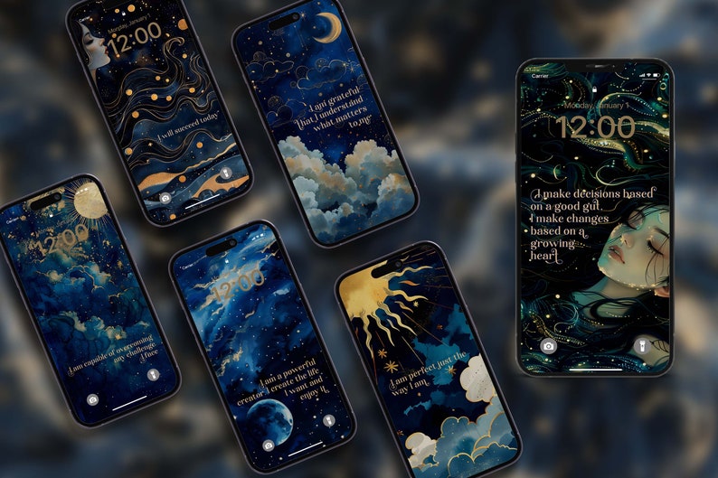 May include: Several smartphones showcasing celestial-themed wallpapers. Each screen displays a midnight blue and gold design with inspirational quotes and the time 12:00. The wallpapers feature moons, stars, clouds, and suns.