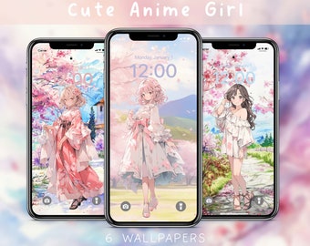 Cute Girl Pastel Anime Phone Backgrounds Bundle Wallpapers Set of 6 Anime Girl Inspired Anime Cute Wallpaper iOS & Android Instant Download