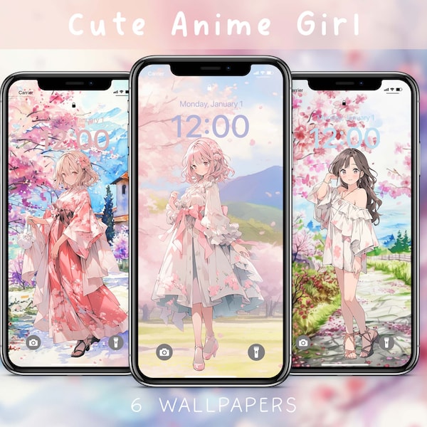 Süße Mädchen-Pastell-Anime-Telefonhintergründe, Bundle-Hintergründe, Set mit 6 Anime-Mädchen-inspirierten Anime-niedlichen Hintergrundbildern für iOS und Android, sofortiger Download