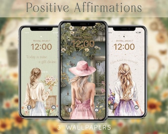 Cottagecore Spring Floral Positive Daily Affirmations Phone Backgrounds Wallpapers Set of 3 Wallpaper iOS & Android Instant Download