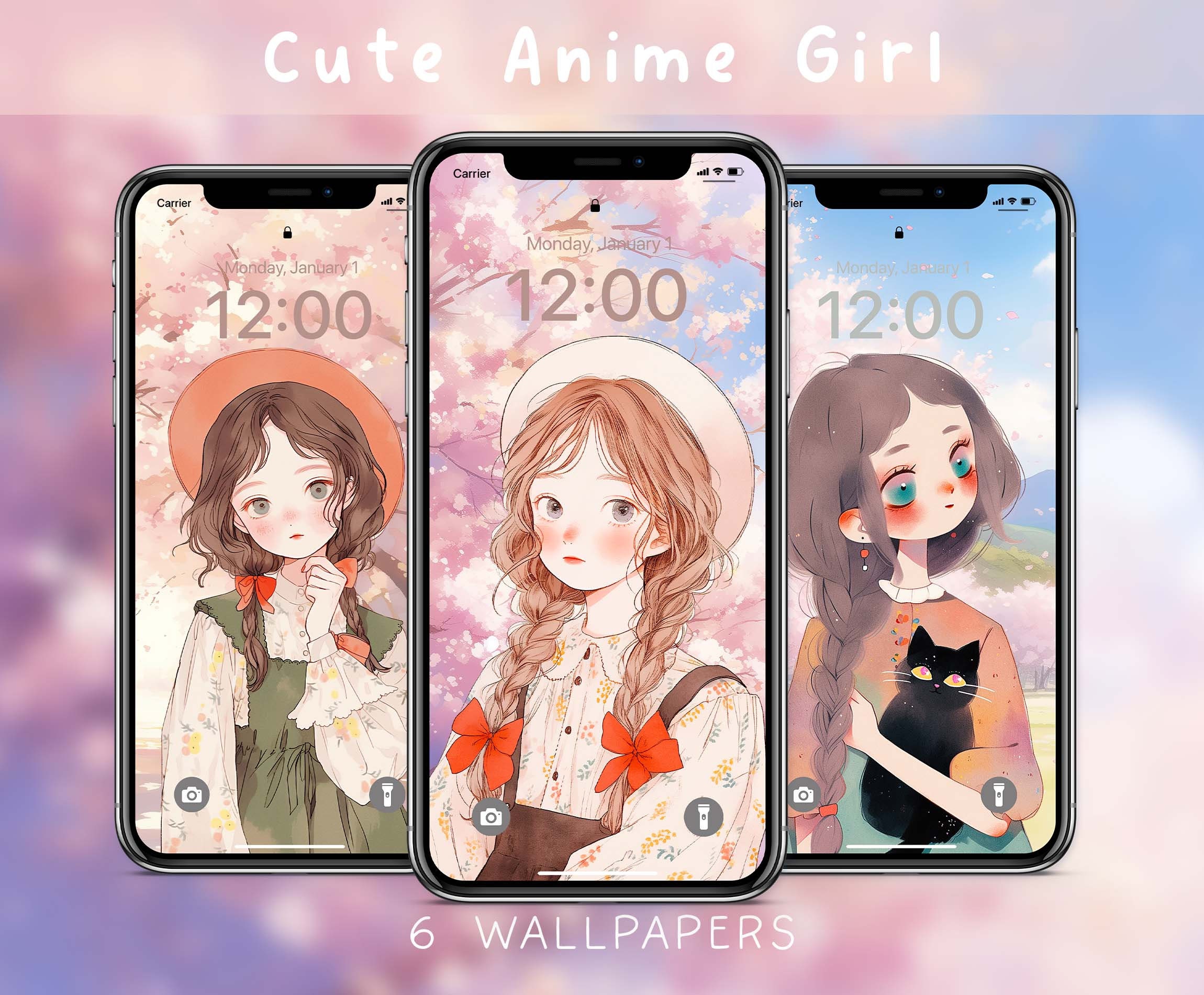Cute Anime Pastel Phone Backgrounds Bundle Wallpapers Set of 6 Anime Girl Inspired Anime Cute Wallpaper iOS & Android Instant Download