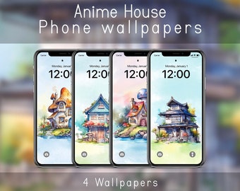 Phone Backgrounds Bundle Wallpapers Set of 4 Studio Ghibli Inspired Anime House Cute Wallpaper iOS & Android Instant Download