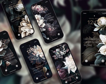 6 Positive Affirmations Dark Floral Phone Backgrounds Wallpapers Botanical Set of 6 Wallpaper iOS & Android Instant Download