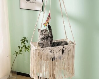 Cama de hamaca para mascotas Macrame tejida a mano, columpio para gatos, cesta para gatitos, columpio interior, 2024