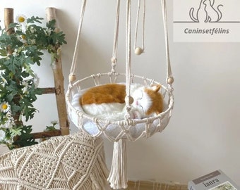 Cama de hamaca para mascotas Macrame tejida a mano, columpio para gatos, cesta para gatitos, columpio interior, 2024