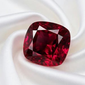 Puede incluir: Una gran gema de rubí tallada en cojín, de color rojo intenso. La gema está facetada, reflejando la luz, sobre un fondo de tela de satén blanco. El rubí tiene forma cuadrada con esquinas redondeadas.