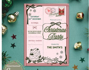 Pink Christmas Postcard Party Invitation, Printable Christmas Invitation, Editable Holiday Party Invitation, digital Friendsmas Party invite