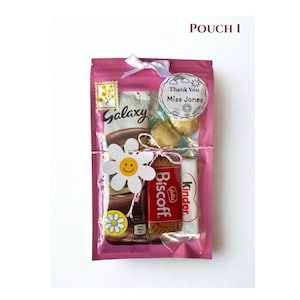 two personalised teacher gift pouch options showing tea and sweet treat gift sets for thank you teacher presents