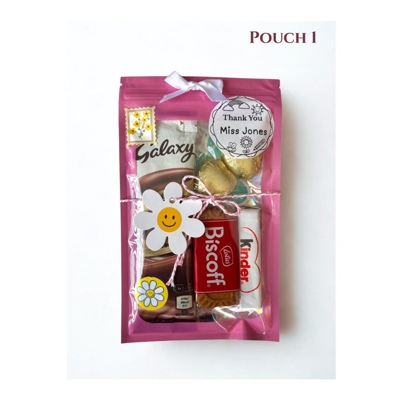 two personalised teacher gift pouch options showing tea and sweet treat gift sets for thank you teacher presents