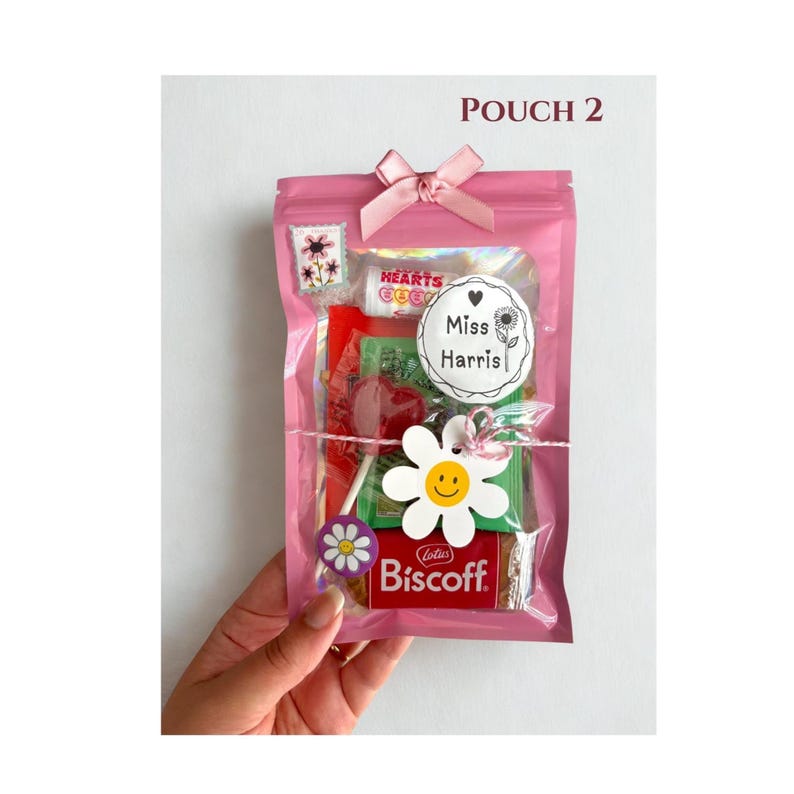 ready to gift teacher appreciation pouch presented as a end of term thank you  teacher present with sweets and personalised label