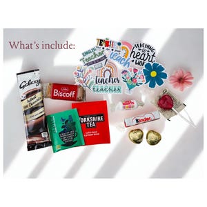 teacher gift pouch contents include hot chocolate sachet, biscoff biscuit, kinder bar chocolate, heart chocolates, sweet treats, tea for end of term teacher gift