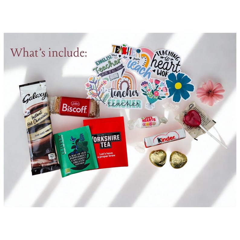 teacher gift pouch contents include hot chocolate sachet, biscoff biscuit, kinder bar chocolate, heart chocolates, sweet treats, tea for end of term teacher gift