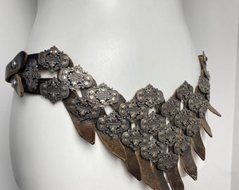Vintage Traditional Trachten Belt, Ornate Metal & Leather Folk Belt, Bavarian Alpine Costume Accessory
