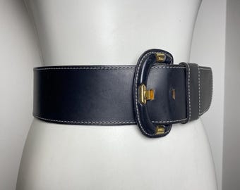 1980s Black Leather Cinching Belt Leather Wrapped Oval Buckle Brass Hardware Vintage Wide Black Leather Belt: 80s Oval Buckle Waist  main image 3