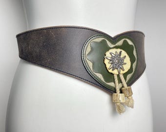 Max Töpfer Vintage Leather Trachten Belt, Edelweiss Heart Panel, Tassels (Size 70)