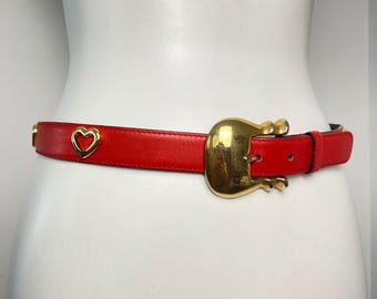 Vintage Escada Red Leather Belt – Gold Heart Studs, Western Germany (Size 75/80)