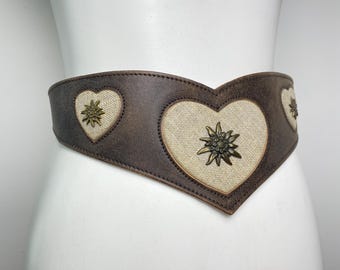 Max Töpfer Vintage Leather Trachten Belt, Embroidered Heart Panels, Edelweiss Studs (Size 75)
