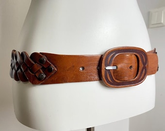 Vintage Brown Braided Leather Belt, Boho Country Style