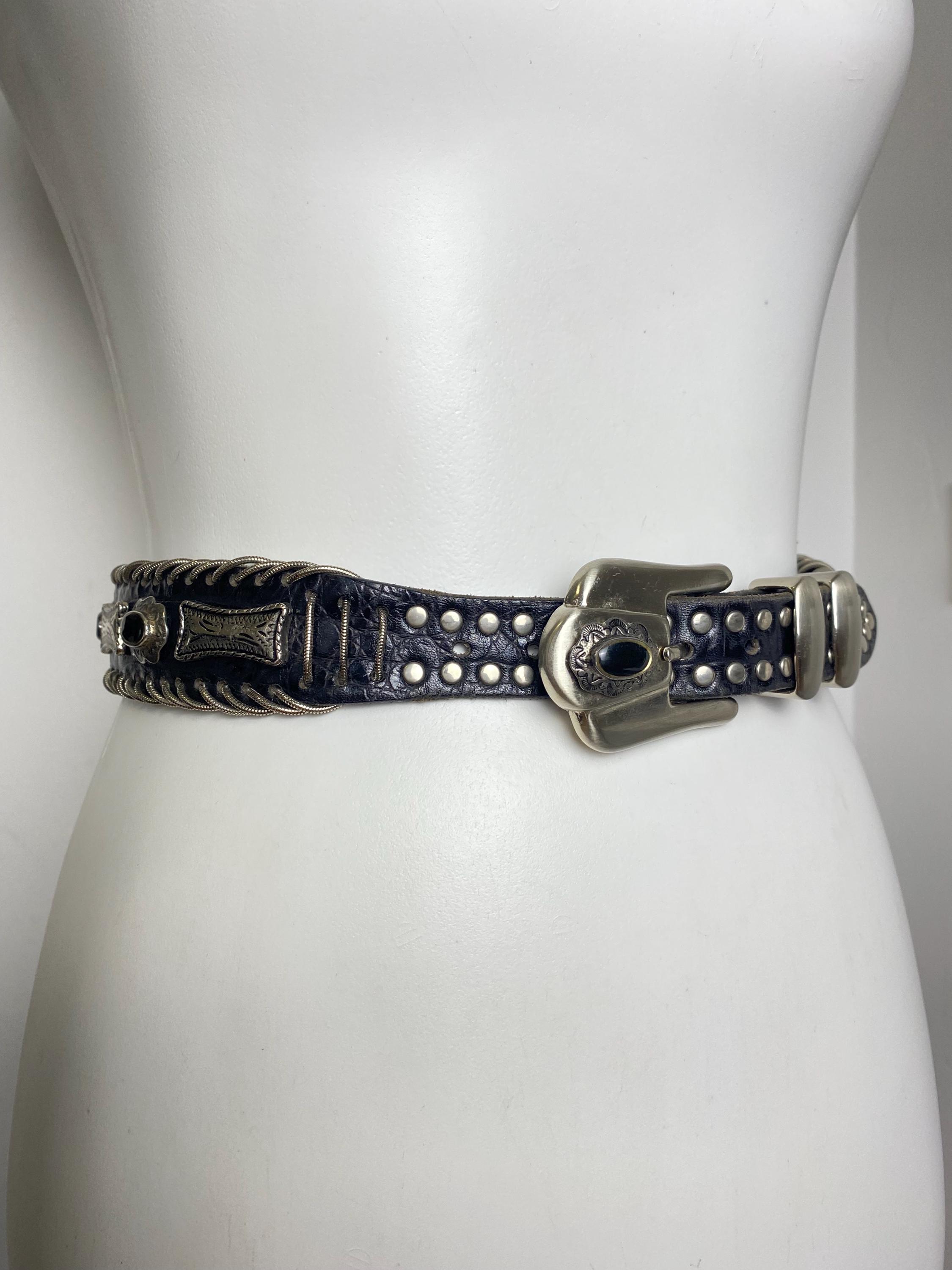 Nanni Black Leather Belt With Silver Western Hardware  display picture 1