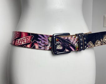 Ed Hardy Y2K Leather Pink Floral Tattoo Dagger Skull Studded Leather Belt Ed Hardy Y2K Skull With Rose, Knife Tattoo Vintage Belt  main image 3