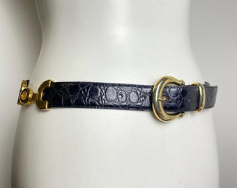 Vintage Black Leather Belt, Gold Chain Link Detail (Size 80)