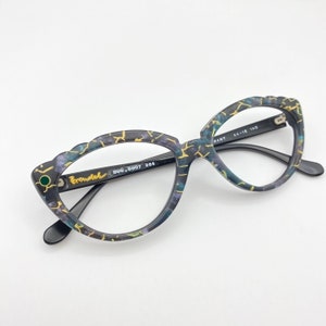 Brendel Vintage Eyeglasses Gold Patterned Black Cat Eye Glasses Frame