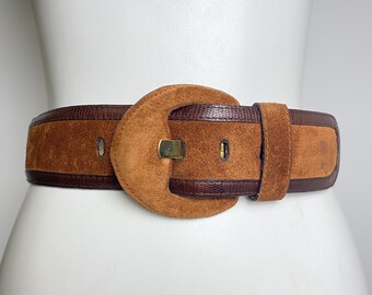 Vintage Suede Leather Belt Brown Minimalist Waist Belt Oversized Buckle (Size 70/75)