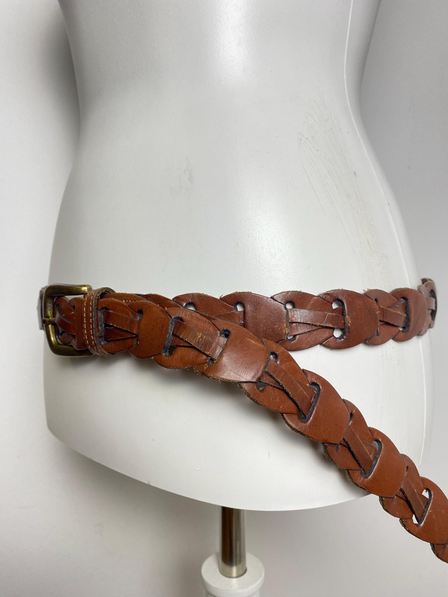 Vintage Braided Leather Belt With Brass Buckle – Boho 